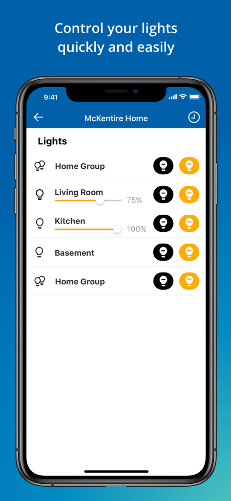 ADT Control ® - ADT Control mobile app interface for managing smart home lights in various rooms