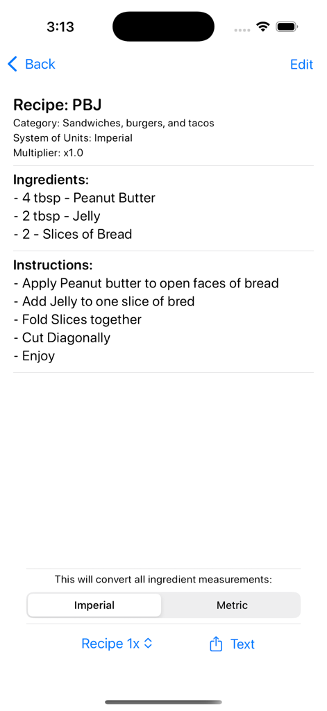 A minimalist recipe details screen showing ingredients and instructions for a PBJ sandwich with unit conversion options.
