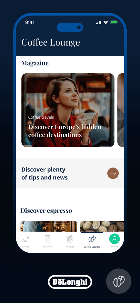 De'Longhi COFFEE LINK - DeLonghi Coffee Link App-Oberfläche mit dem Bereich Coffee Lounge mit Artikeln über Kaffee-Reisen und Neuigkeiten