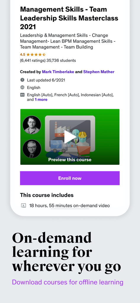 Udemy Government - Udemy Governmentアプリのインターフェースに、オフライン学習オプション付きのマネジメントスキルコースが表示されている様子。