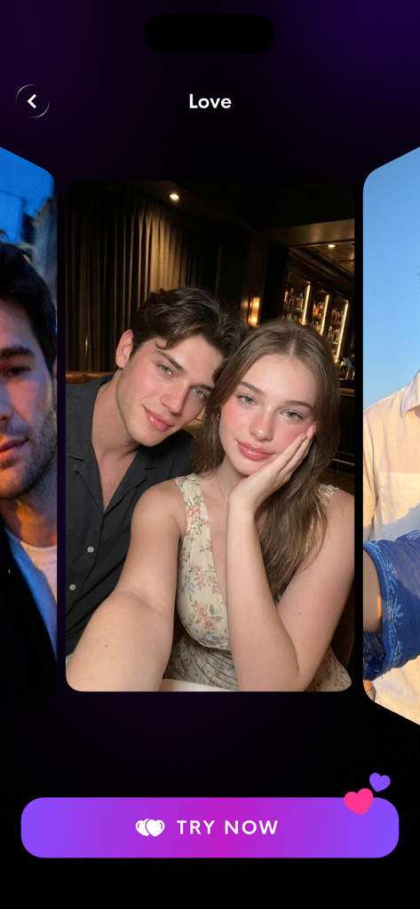 AI Couple Photo: Video Rizz AI - App interface showing a romantic AI-generated couple photo in a Love themed template.