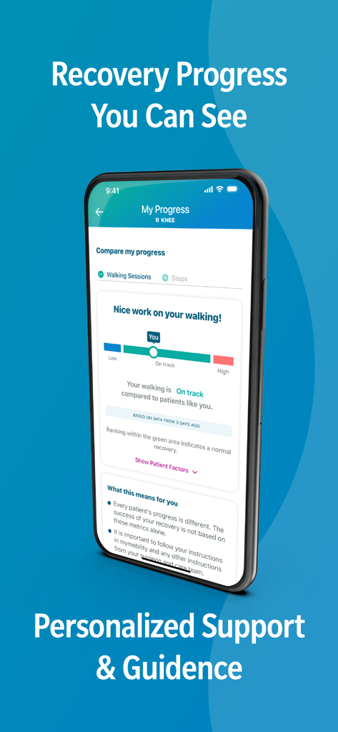 mymobility Patient App - Una captura de pantalla de la aplicación mymobility que muestra el progreso de caminata y el estado de recuperación de un paciente para un procedimiento de rodilla.