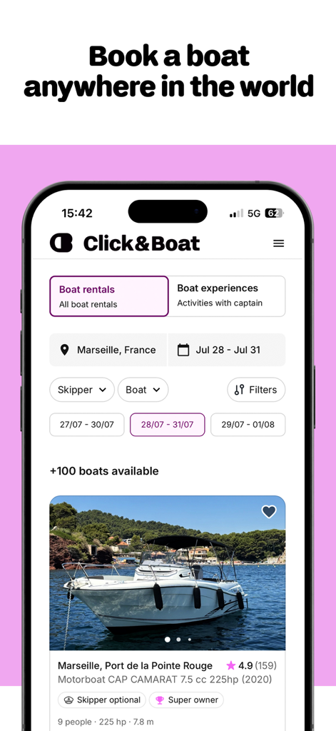 Interfaz de la aplicación móvil Click and Boat para reservar alquileres de barcos en todo el mundo