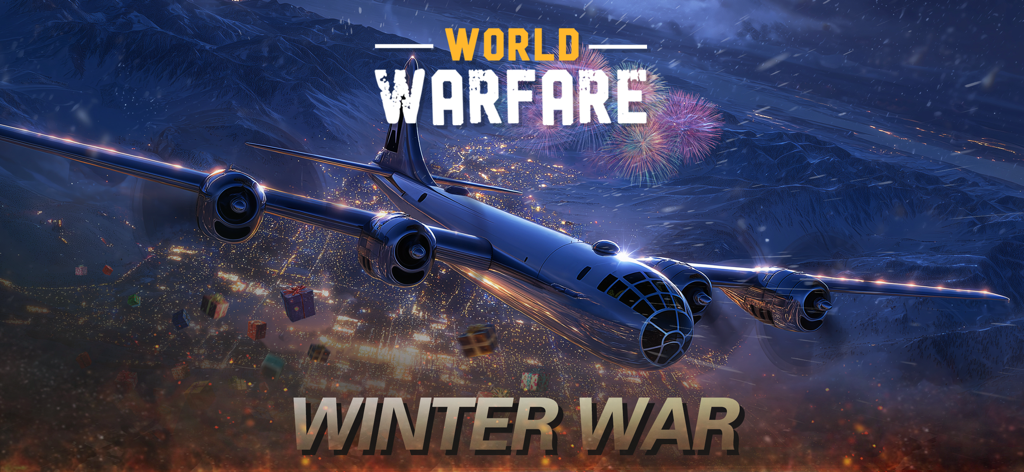 World Warfare - A military bomber flies over a snowy city at night during the World Warfare Winter War event