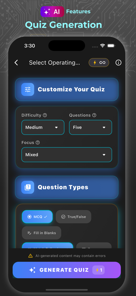 Cybersecurity Quiz App - The AI Quiz Generation interface of the Cybersecurity Quiz App where users can customize difficulty, number of questions, and select question types like MCQ and True or False.