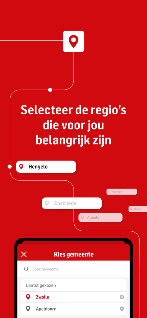Interfaz de la aplicación Tubantia para seleccionar regiones de noticias locales holandesas como Enschede y Hengelo.