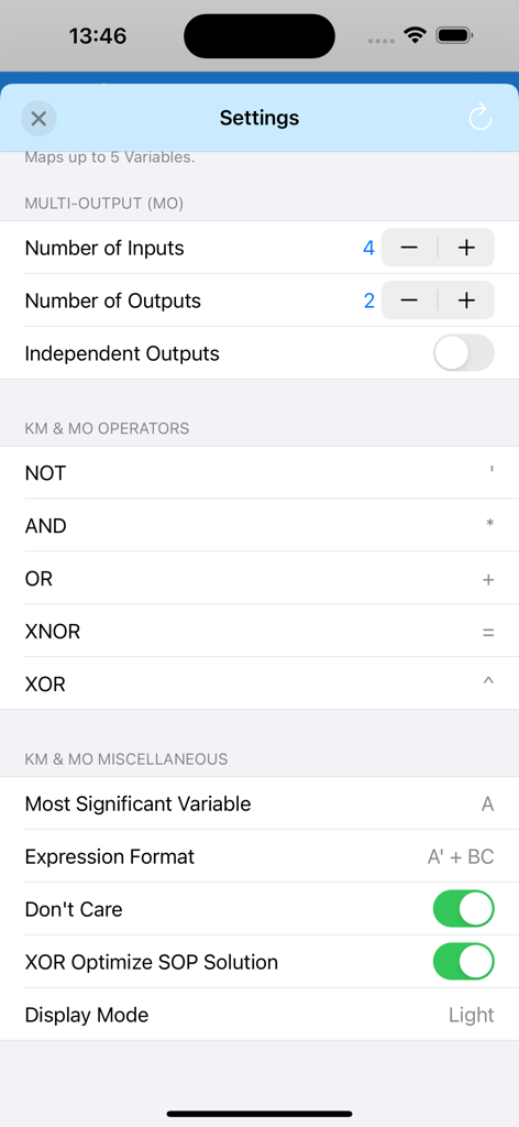 Pantalla de configuración para personalizar la lógica multisalida y los operadores booleanos