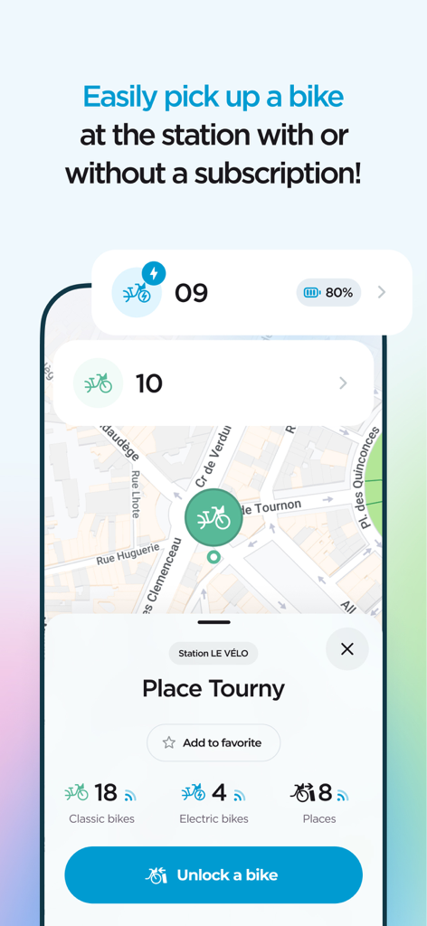 Interfaz de la aplicación TBM mobilites para alquiler de bicicletas y disponibilidad en Burdeos