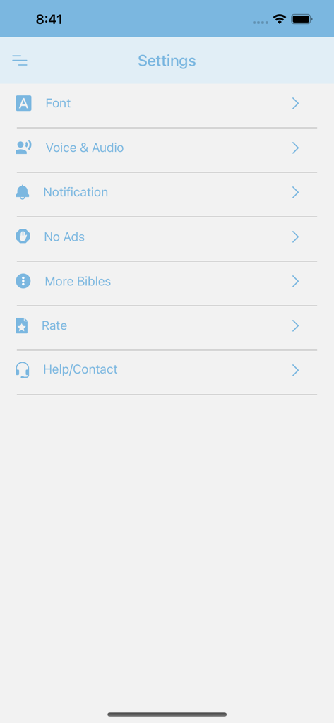 Easy-to-Read Version Bible ERV - El menú de configuración de la aplicación Biblia Versión Fácil de Leer que muestra opciones de fuente, voz y notificaciones