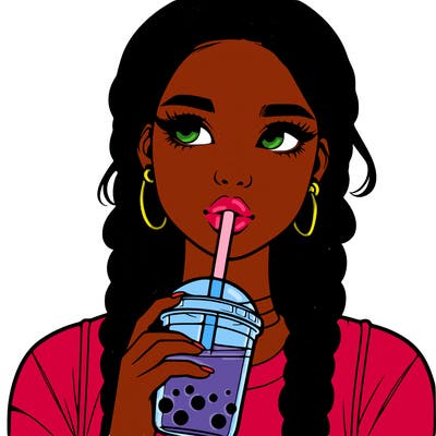realistic girl with braided hair drinking boba
