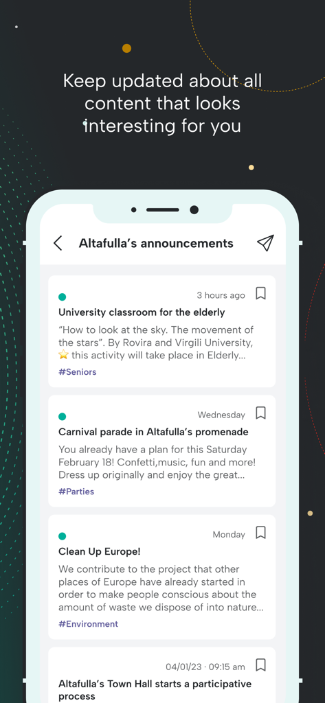eAgora - Mobile interface of the eAgora app displaying a feed of local community announcements and town events