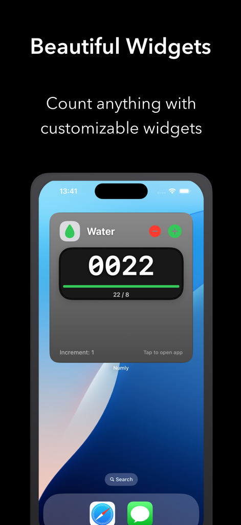 Numly AI: Smart Tally Counter - Numly AI app screenshot showing a customizable water tracker widget on an iPhone home screen.
