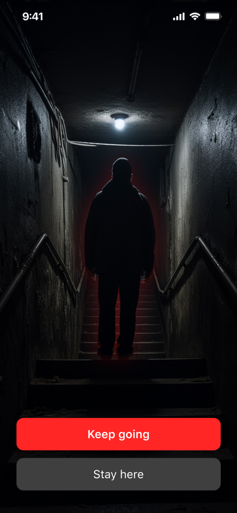 Choice screen in a horror game showing a dark staircase with a silhouette and buttons to keep going or stay here