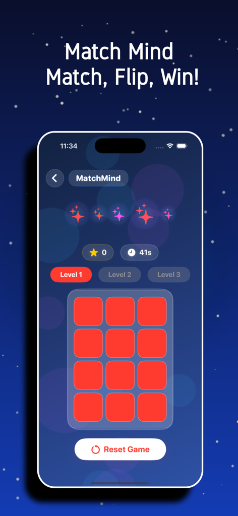 Memory card game interface showing a grid of red cards and level selection