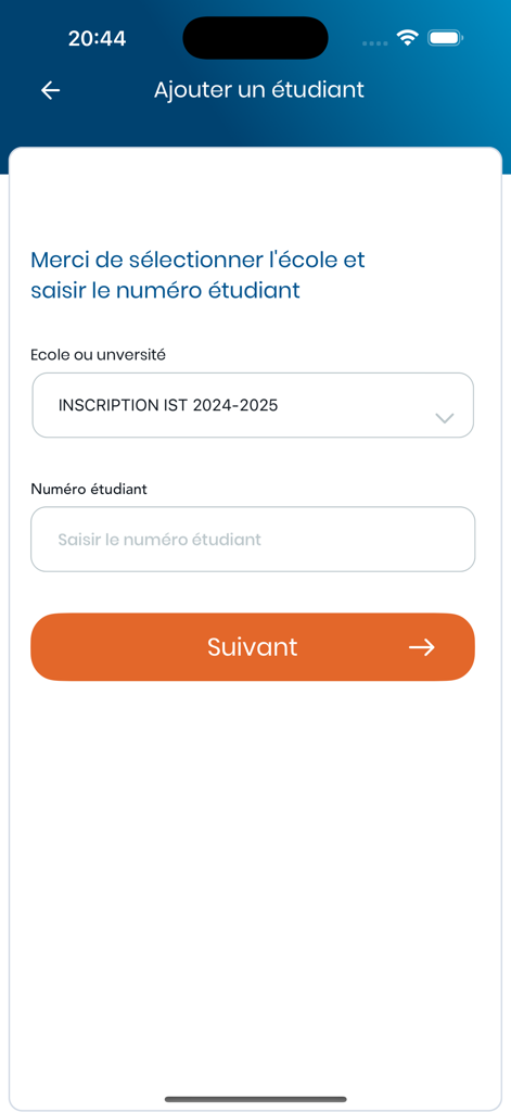 SHAP - Una pantalla de la aplicación móvil SHAP para el registro de estudiantes que incluye campos para la selección de la escuela y el número de estudiante.