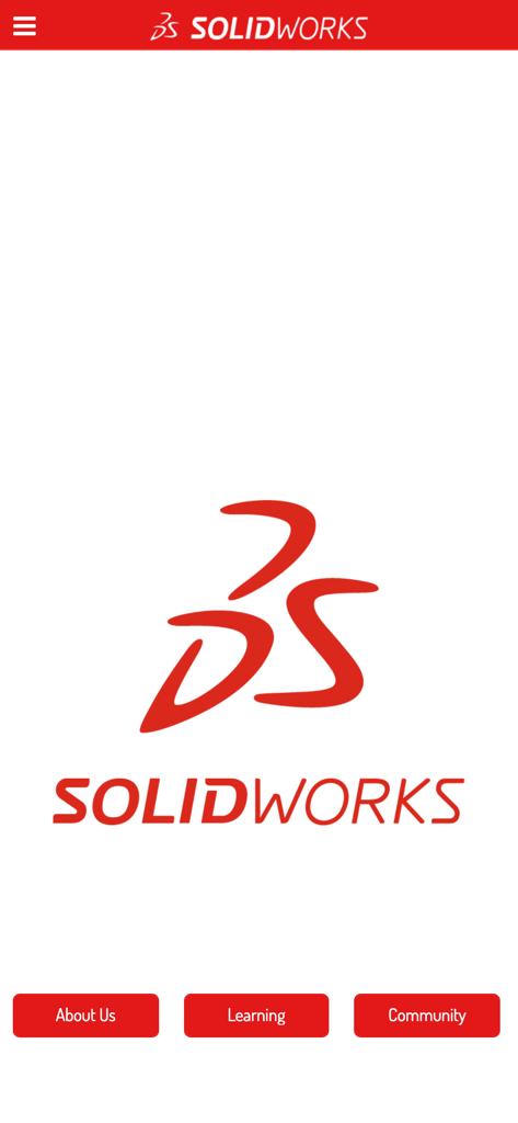 SOLIDWORKS Educationモバイルアプリのホーム画面、ロゴとメニューボタンが表示されています