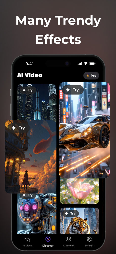 VidnoAi App-Oberfläche, die einen Entdeckungs-Feed mit verschiedenen KI-Videostilen anzeigt, darunter futuristische Autos, Fantasieszenen und Robotercharaktere.