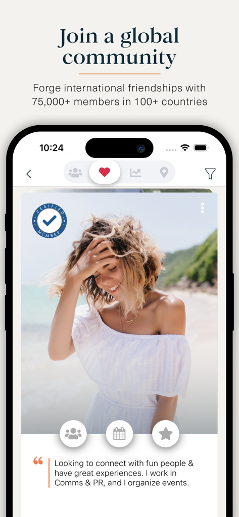 ASMALLWORLD - A smartphone showing the ASMALLWORLD app with a verified member profile and networking features