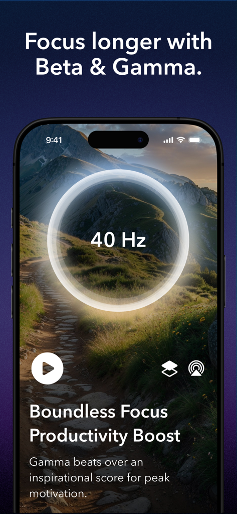 Moongate: Binaural Beats - Pantalla de la aplicación Moongate mostrando latidos binaurales gamma de 40 Hz para un impulso de productividad y concentración.