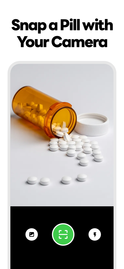Pill Identifier - AI Med Scan - Smartphone screen showing the camera interface of a pill identification app with a spilled pill bottle
