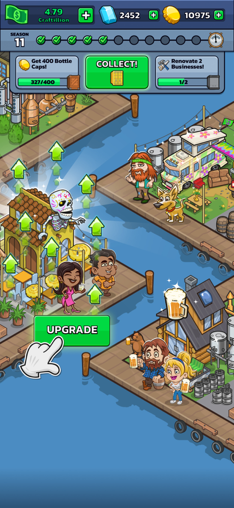 Idle Distiller Tycoon Game - Personajes de dibujos animados gestionando una destilería y cervecería frente al mar en Idle Distiller Tycoon.