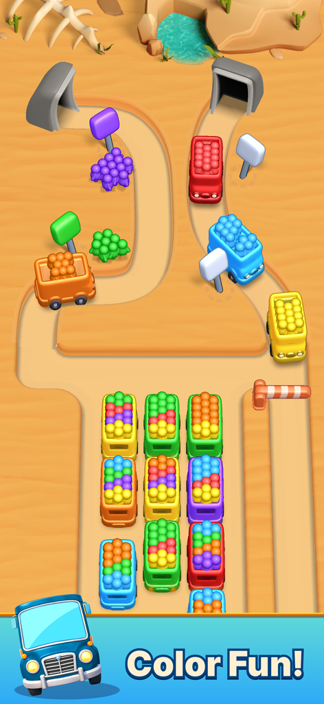 Color Bus Trip - 사막 테마 퍼즐 레벨에서 색상 코드가 있는 버스와 승객이 등장하는 컬러 버스 트립의 게임 플레이 스크린샷