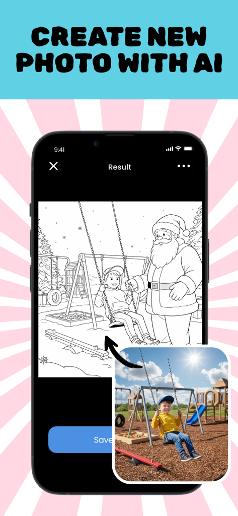 Colorify: Coloring Book Maker - Mobile app interface showing a photo of a child on a swing being converted by AI into a printable line art coloring page featuring Santa Claus