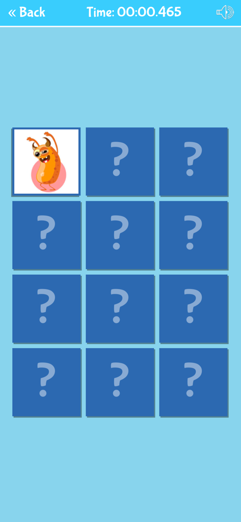 Cute Monsters Matching Game - A 3x4 grid of memory cards with one flipped card revealing a cute orange monster and others showing question marks.