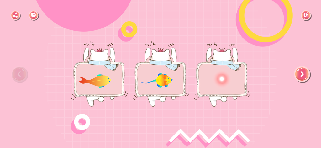 Cat Toy - Game for Cats - ピンクの背景に魚のマウスとレーザーポインターが配置された、猫用おもちゃアプリの選択画面