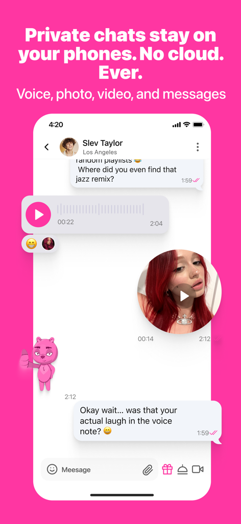 Bebs: Social Discovery & Chat - Bebs app private chat interface highlighting secure messaging with no cloud storage for voice, photo, video, and text.