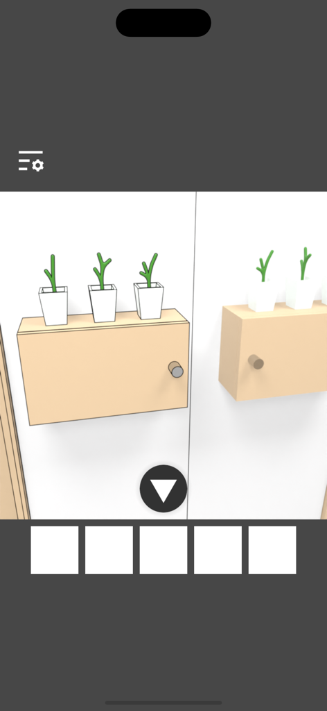Mirror Room Escape - Minimalist escape room scene with wooden cabinets and potted plants