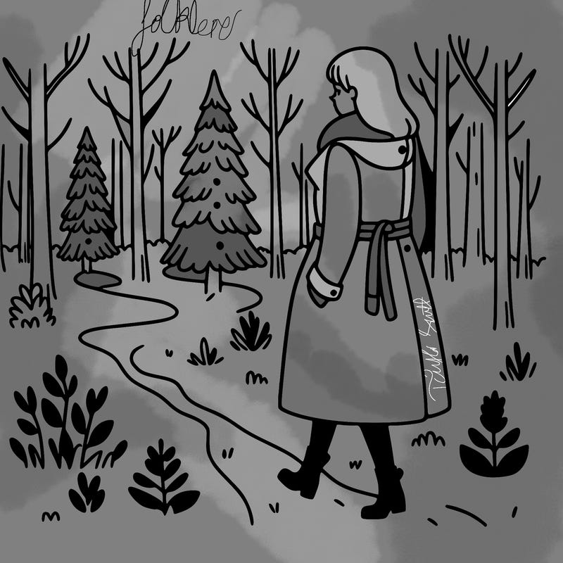 a woman in a long coat walking in the woods