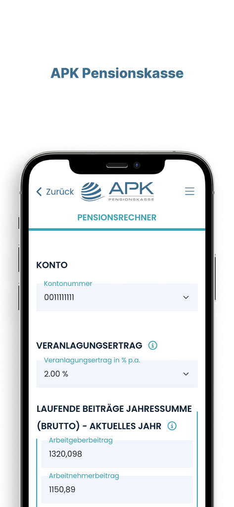 APK Pensionskasse - Pantalla móvil de la aplicación APK Pensionskasse que muestra la interfaz de la calculadora de pensiones con campos de contribución y retorno de la inversión