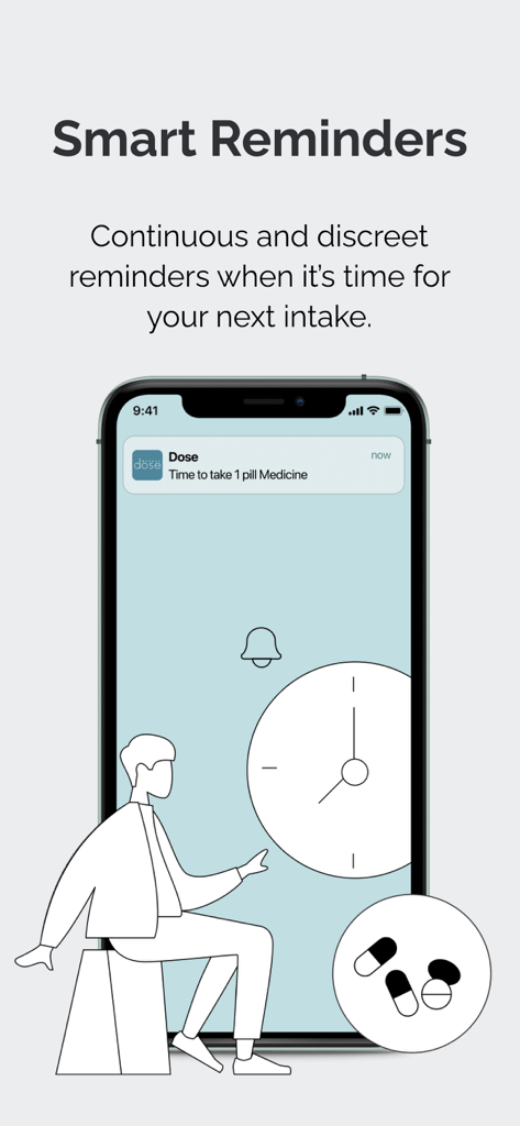 Notificação da aplicação Dose Medbox num iPhone mostrando um lembrete inteligente para tomar um medicamento.