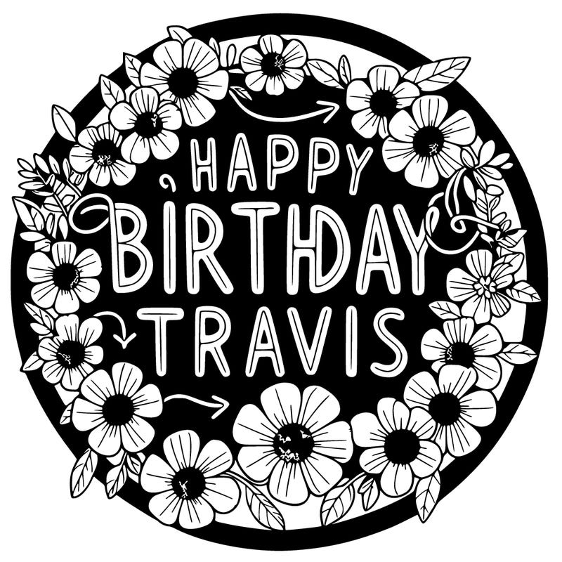happy birthday travis in lettering that is circular.flowers in middle.