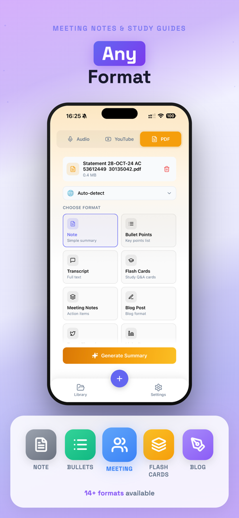 SpeakNotes app interface showing multiple AI summary output formats including meeting notes flashcards and blog posts