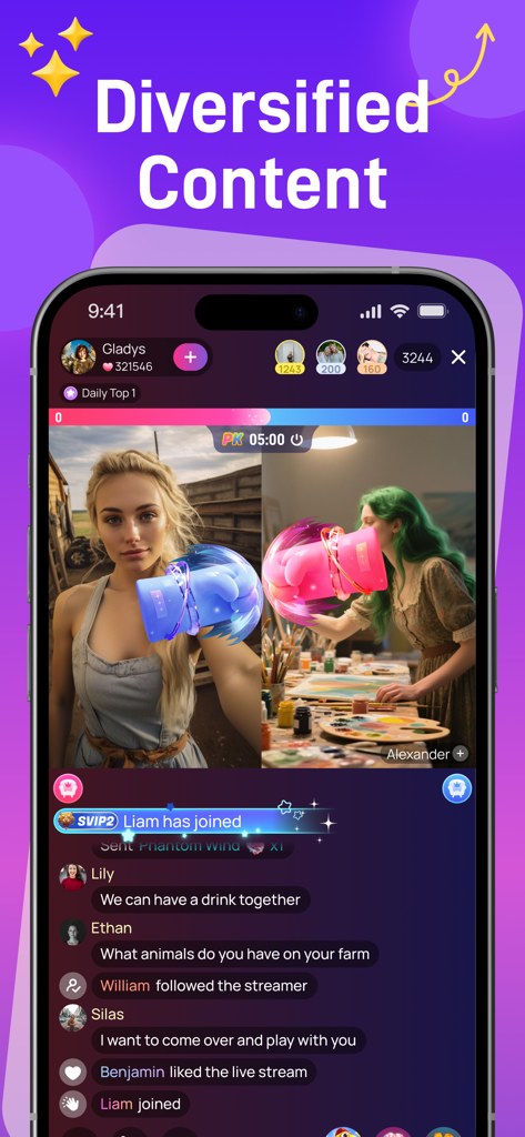 Kiti Live - A Stage to Shine - 인터랙티브 실시간 채팅이 포함된 두 크리에이터 간의 듀얼 라이브 스트림 배틀을 보여주는 Kiti Live 앱 스크린샷