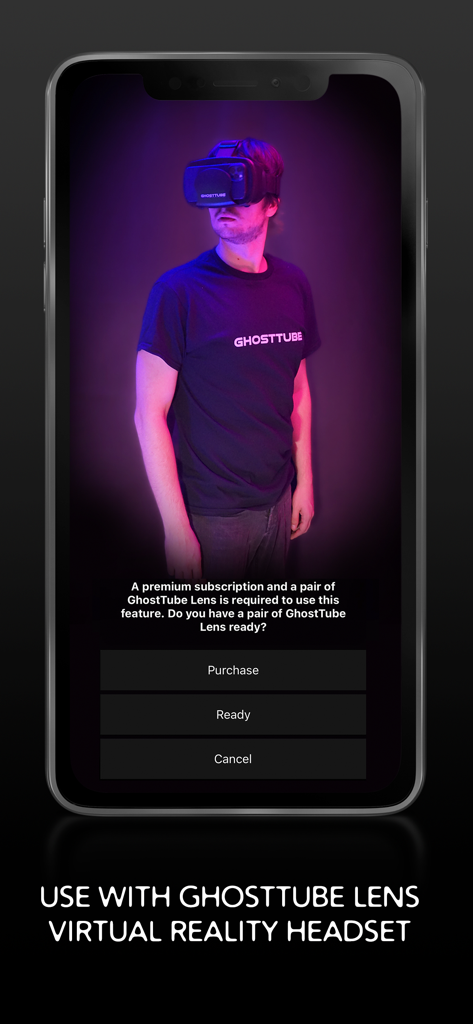 A man wearing a GhostTube Lens virtual reality headset for immersive paranormal investigations.