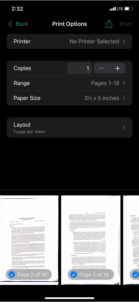 Interface do aplicativo Scanner Pro mostrando configurações de impressão como cópias e intervalo para documentos digitalizados