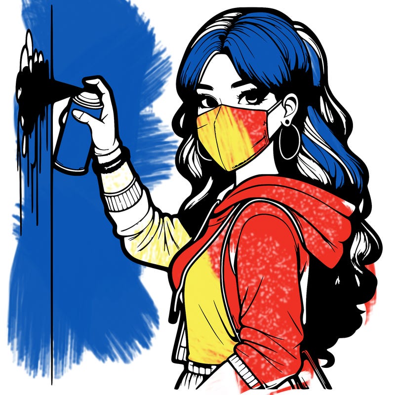 realistic girl with mask spray painting a wall