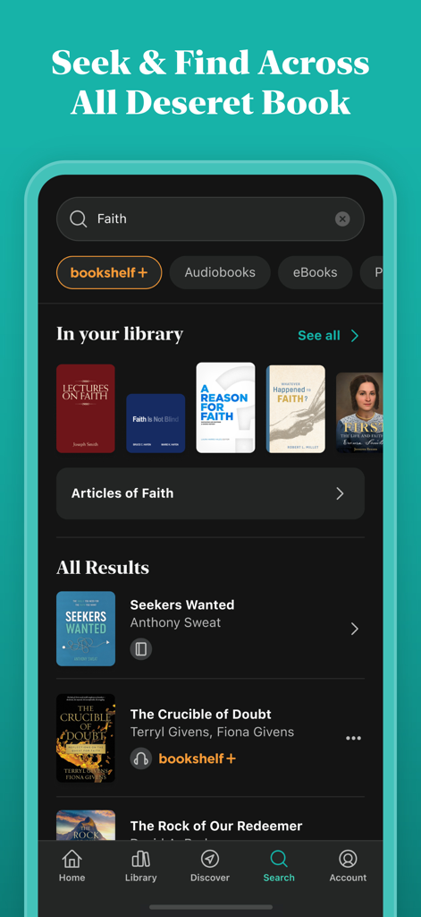 Deseret Bookshelf app search results for faith showing various LDS books and audiobooks.
