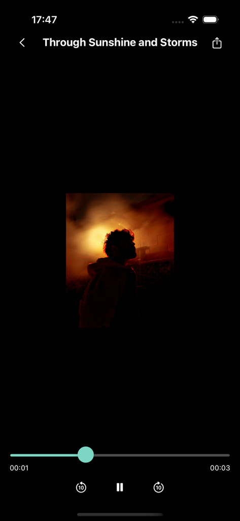 Joytify - Music and Video - Interface do player de vídeo do aplicativo móvel Joytify exibindo uma foto de um homem silhuetado contra um pôr do sol com controles de reprodução e uma barra de progresso.