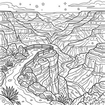 Dive into the awe-inspiring grandeur of a canyon overlook with this intricate coloring page. Featuring vast landscapes and a scenic viewing platform, it's perfect for capturing the majesty of nature with your favorite colors.