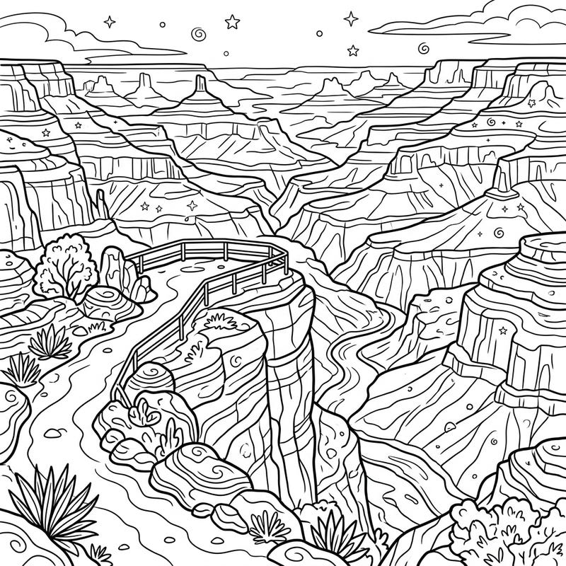 Dive into the awe-inspiring grandeur of a canyon overlook with this intricate coloring page. Featuring vast landscapes and a scenic viewing platform, it's perfect for capturing the majesty of nature with your favorite colors.