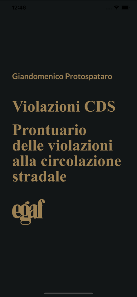 Splash screen of the Violazioni CDS mobile app featuring the title and Egaf logo