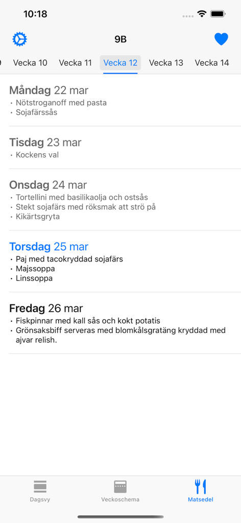 Skolschema – enkelt, smidigt - A mobile screen showing the weekly school lunch menu in the Skolschema app.