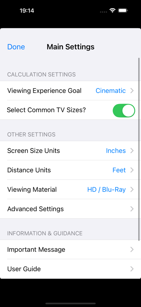 TV Widget + - Pantalla de configuración principal de la aplicación TV Widget plus mostrando las preferencias de cálculo de cine en casa
