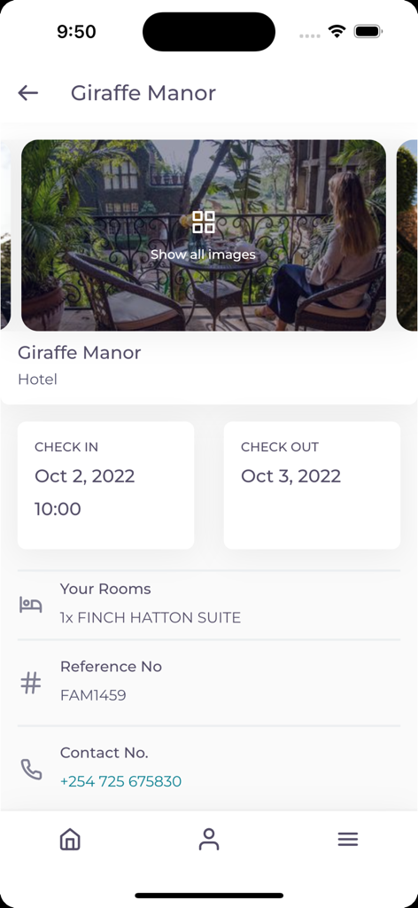 TravelKey-App zeigt Hotelbuchungsdetails für Giraffe Manor einschließlich Check-in-Daten und Zimmerinformationen an.