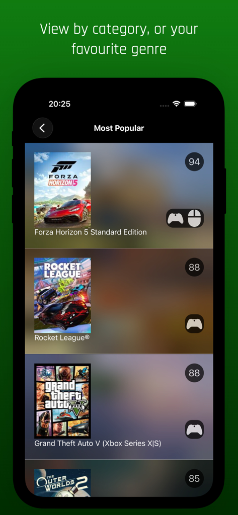 Game Pass Ratings - Forza Horizon 5やRocket Leagueなどの人気ゲームのリストとその批評家スコアを表示するGame Pass Ratingsアプリのモバイルインターフェイス