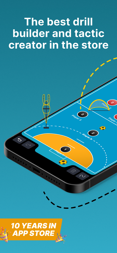 Coach Tactic Board: Handball - A smartphone displaying the handball tactic board app interface with tactical plays and a 10 years in App Store badge.